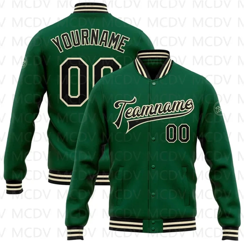 Customized Green Pink-White 3D Name  Letter Print Full-Snap Varsity Letterman Baseball Bomber Jacket