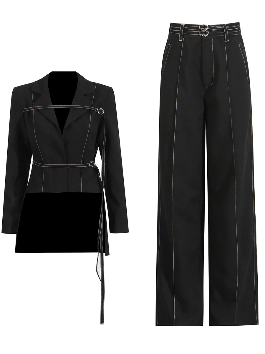 Burgundy Irregular Notched Collar Double Strap Design Blazer Jacket + High Waist Straight Pants Women's Formal Suit
