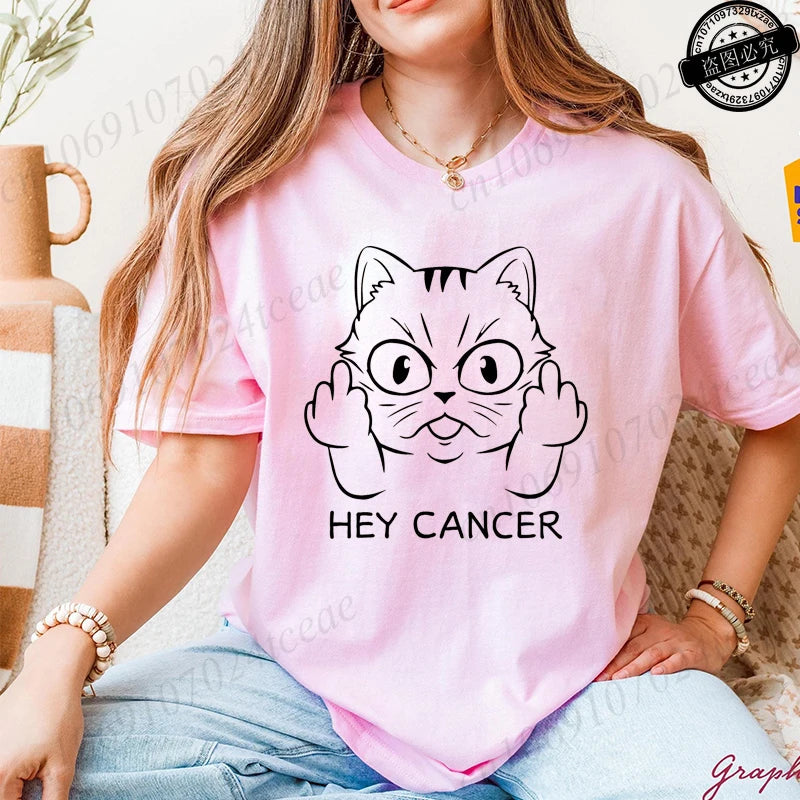 "Hey Cancer" 3D Cat Print Breast Cancer Awareness T-Shirt to 3X Plus Size