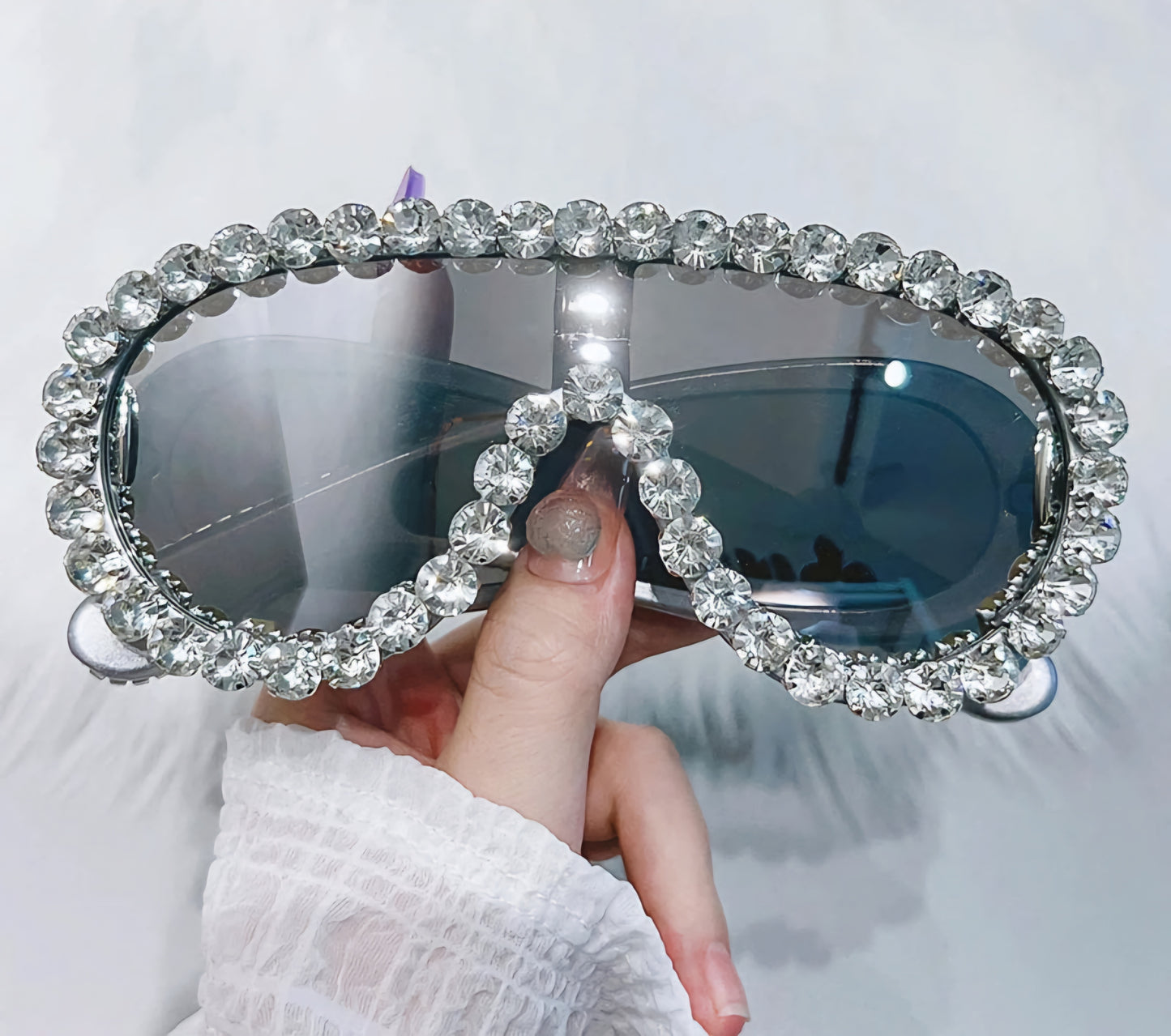 Embellished Oversized Punk Rhinestone Crystal Baguette Steampunk UV400 Women's Round Bottom Shield Sunglasses