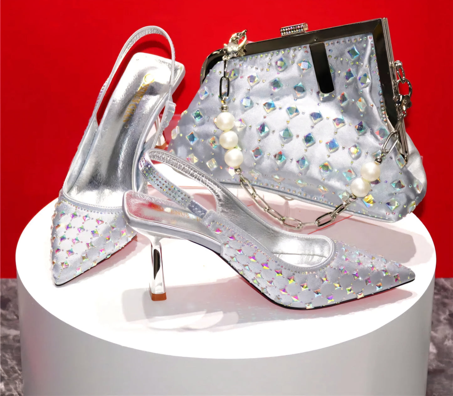 Rhinestone Studded Slingback Pointed Toe Mule Sandal Pumps + Pearl Chain Link Strap Formal Wedding/Party Shoe & Purse Set