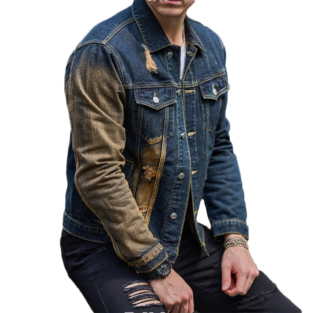 Men's Denim Irregular Colorblock Print Streetwear Ripped Hole Design Distressed Skinny Jean Jacket