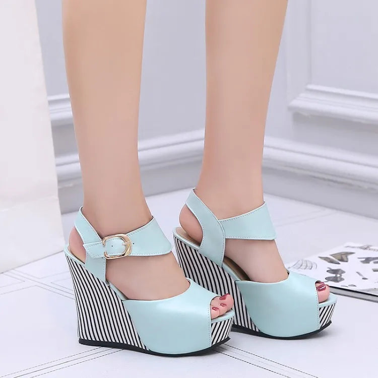 Striped Colorblock  Wedge Platform Heel Fish Mouth Slope Heel Women's Sandals