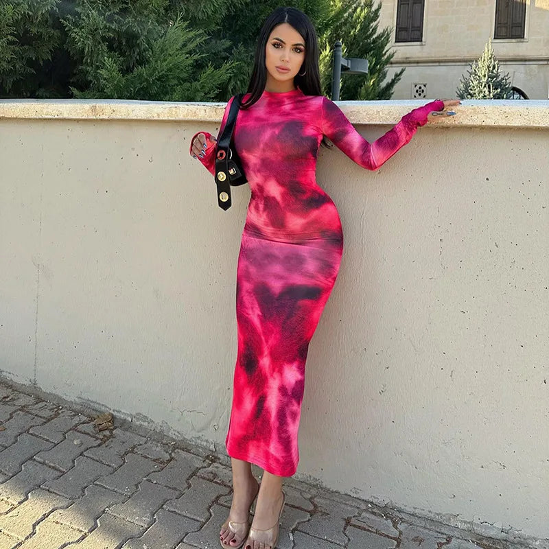 Tie-Dye Long Sleeve Skinny Fit Bodycon Maxi Dress