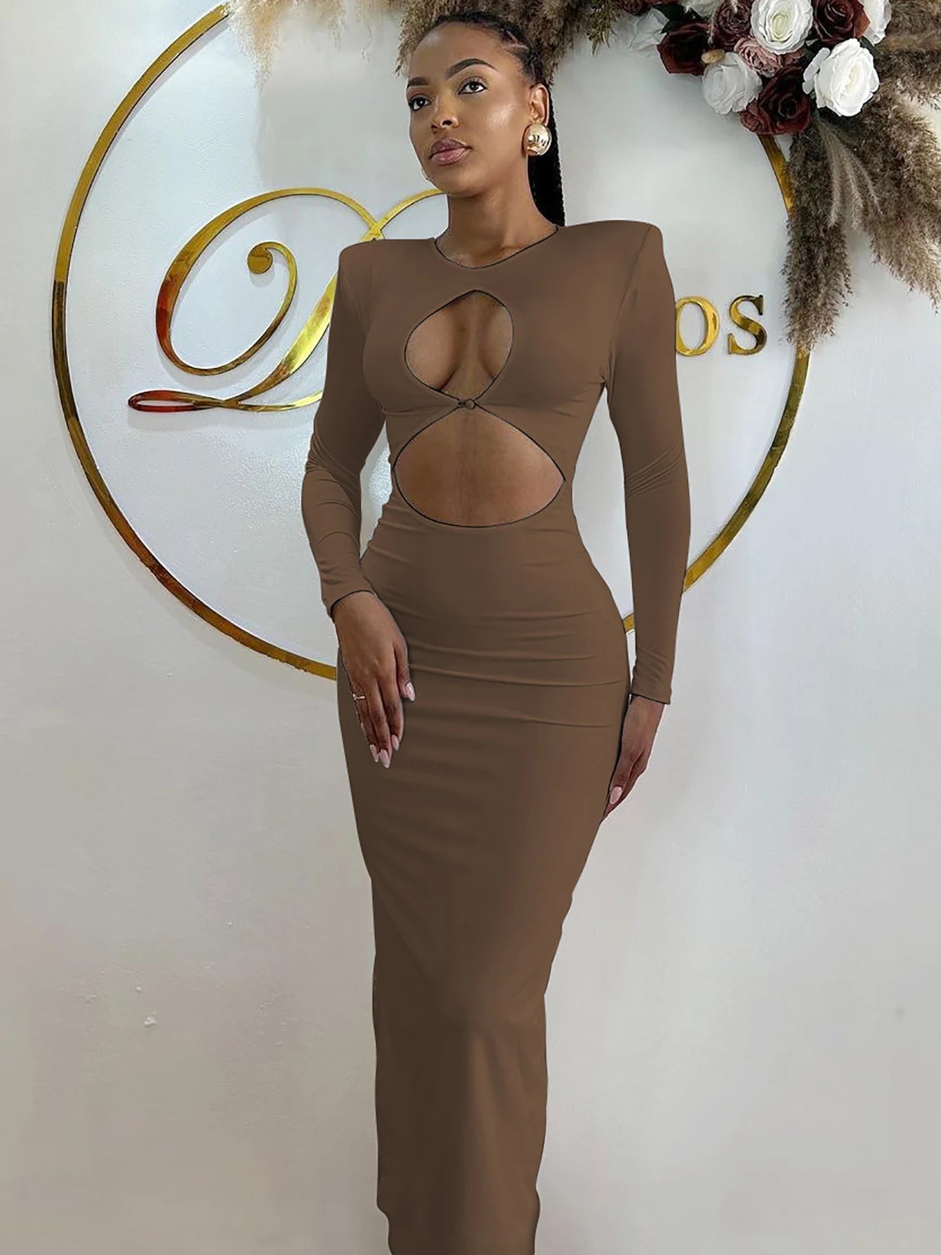 Solid Long Sleeve O-Neck Hollow-Out Bodycon Maxi Party Dress