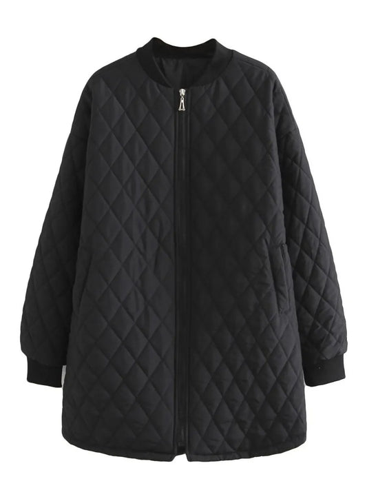 Oversized Quilted Long Sleeve Zipper Wadded Argyle Cotton Padded Women's Coat 3X-6X Plus