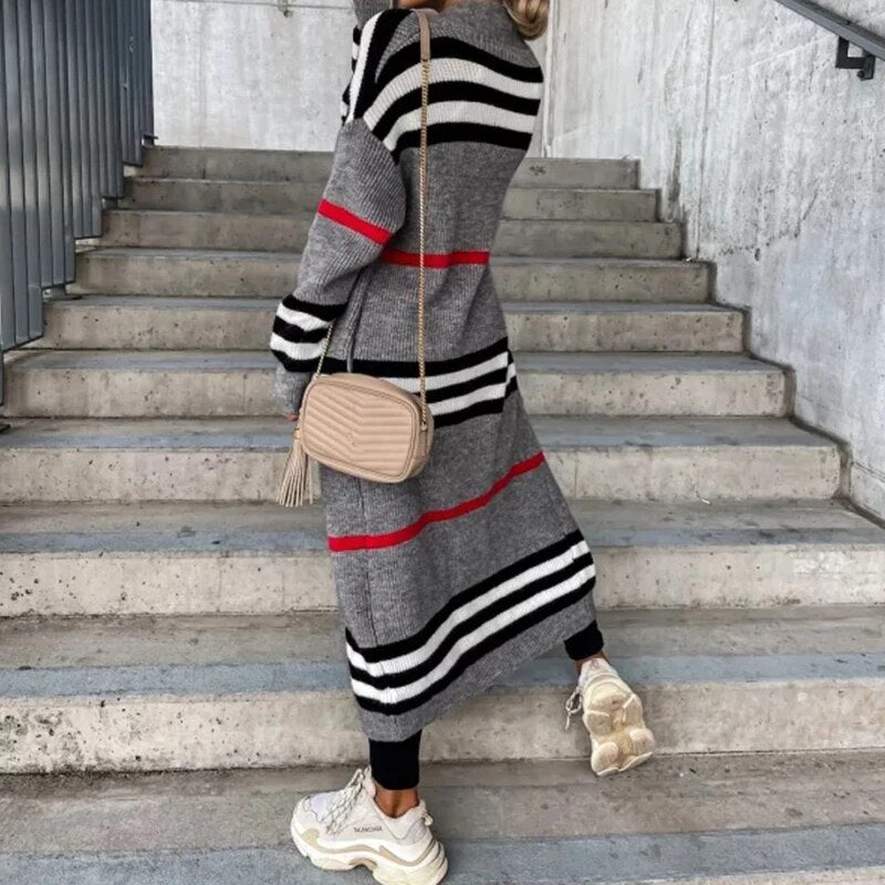 English Plaid Striped Knitted Cardigan Women's Patchwork Maxi Sweater