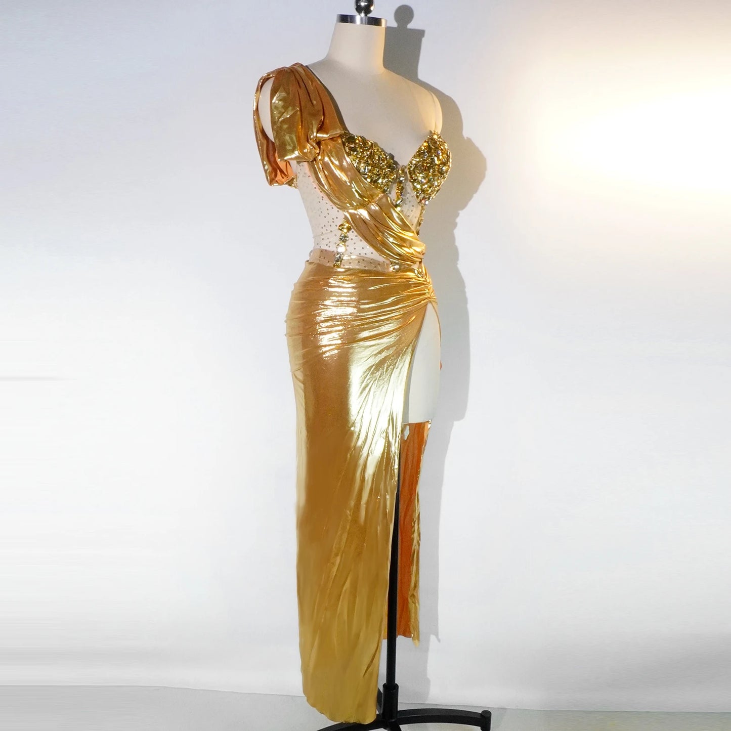 Gold Crystal Rhinestone Asymmetrical One Shoulder Women's Top + High Slit Maxi Skirt 2-Piece Formal Stage Costume Set