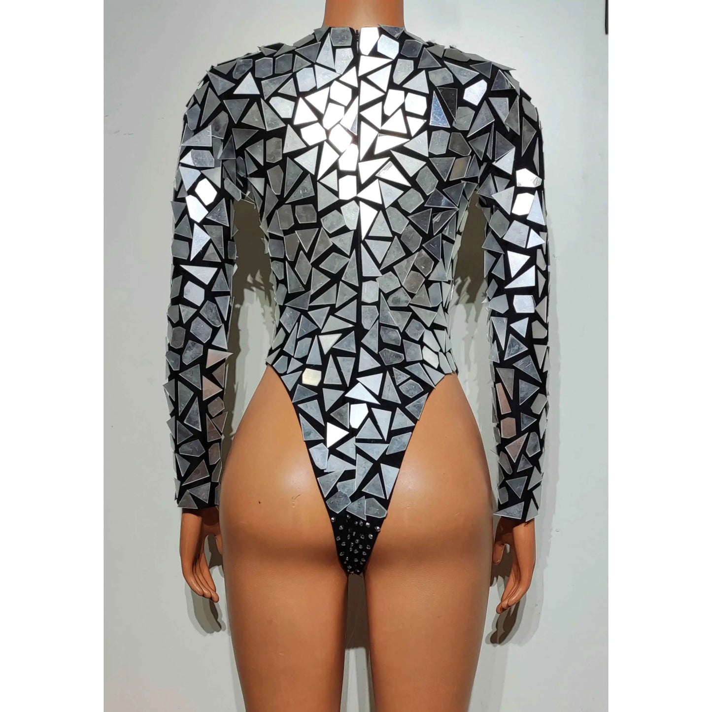 Crystal Sequin Mirror Geometric Metallic Long Sleeve Performance Stage Costume Bodysuit