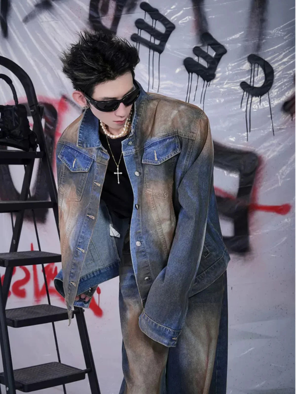 Men's Denim Faded Colorblock Distressed Denim Jean Jacket + Matching Jeans 2-Piece Set
