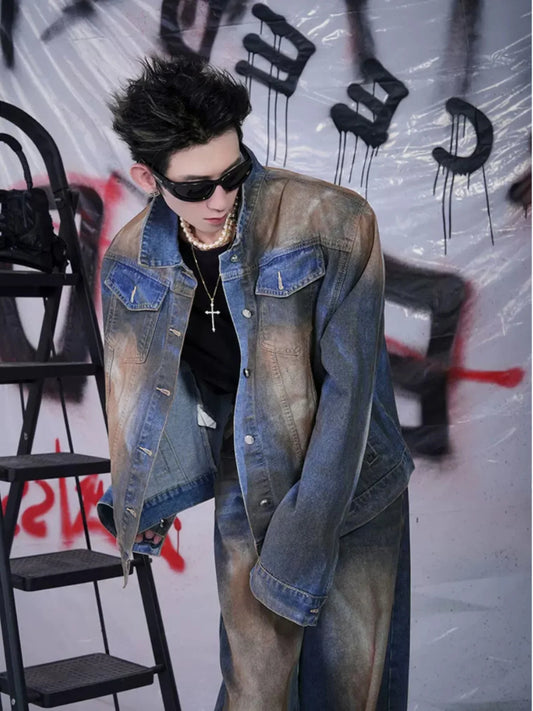Men's Denim Faded Colorblock Distressed Denim Jean Jacket + Matching Jeans 2-Piece Set