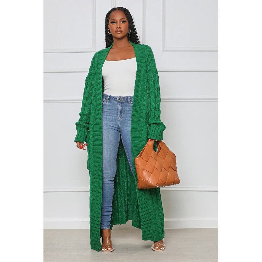 Solid Braid Knitted Loose Maxi Cardigan Sweater