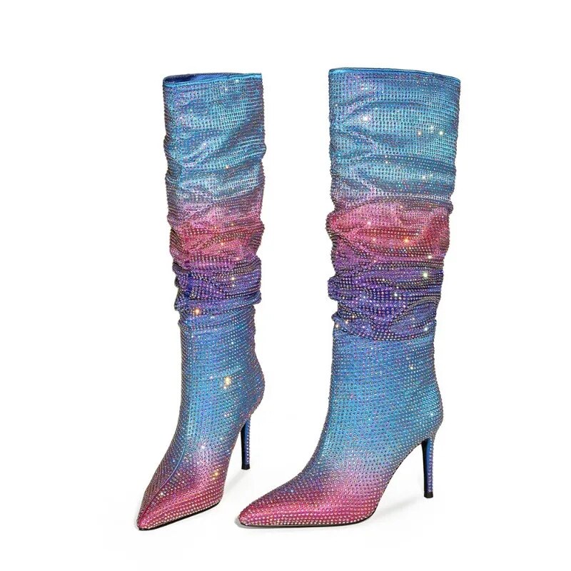 Glitter Rainbow Gradient Ombre Rhinestone Pleated Stacked Knee High Boots