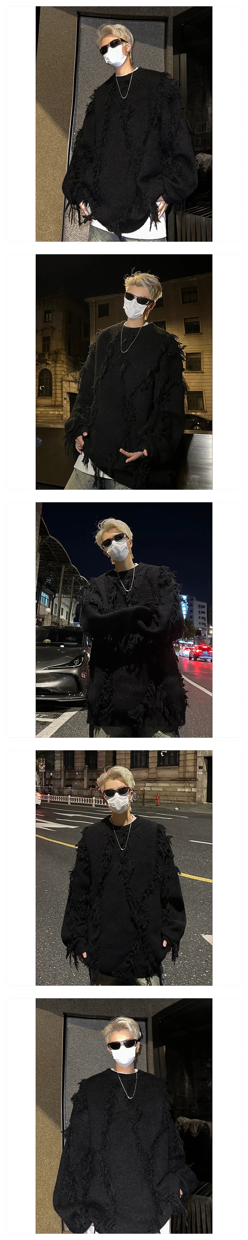 Men's Ripped Oversized Tassels Fringe Women's Streetwear Pullover Knitted O-Neck Sweaters