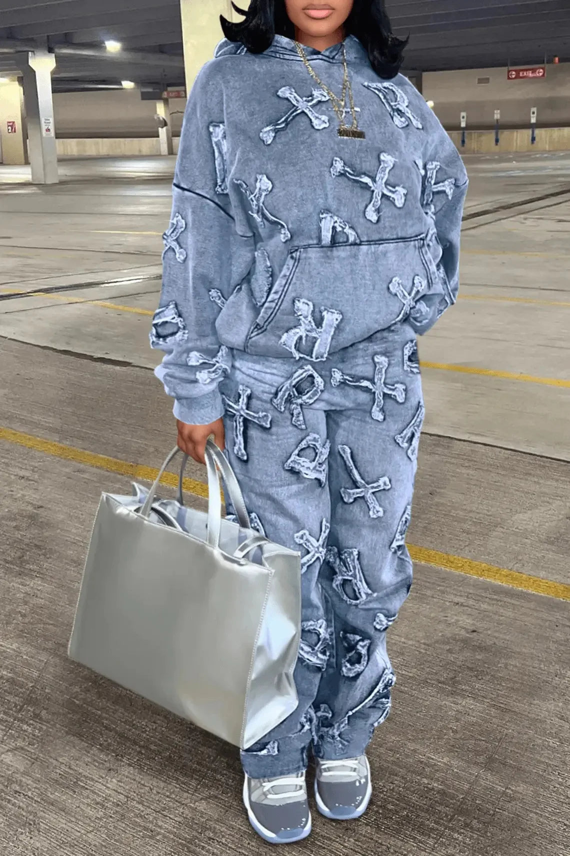 Cross Embroidered Design Women's Faded Faux Denim Hoodie Sweatshirt + Cargo Pants Tracksuit