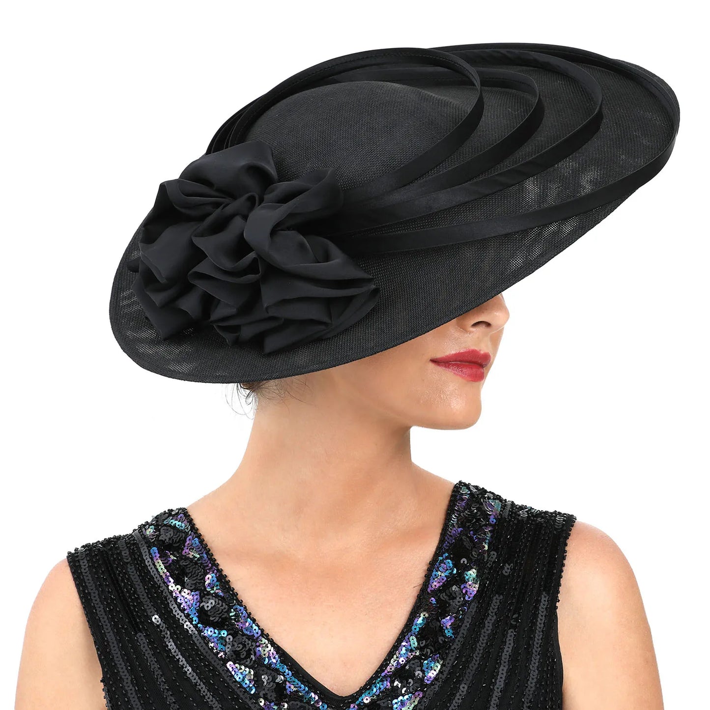 Oversized Slanted Big Floral Bow Detail Church/Kentucky Derby Fedora Hat