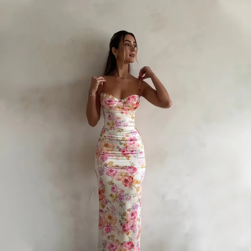 Satin White/Pink Flower Print Sleeveless Spaghetti Strap Skinny Maxi Formal Dress
