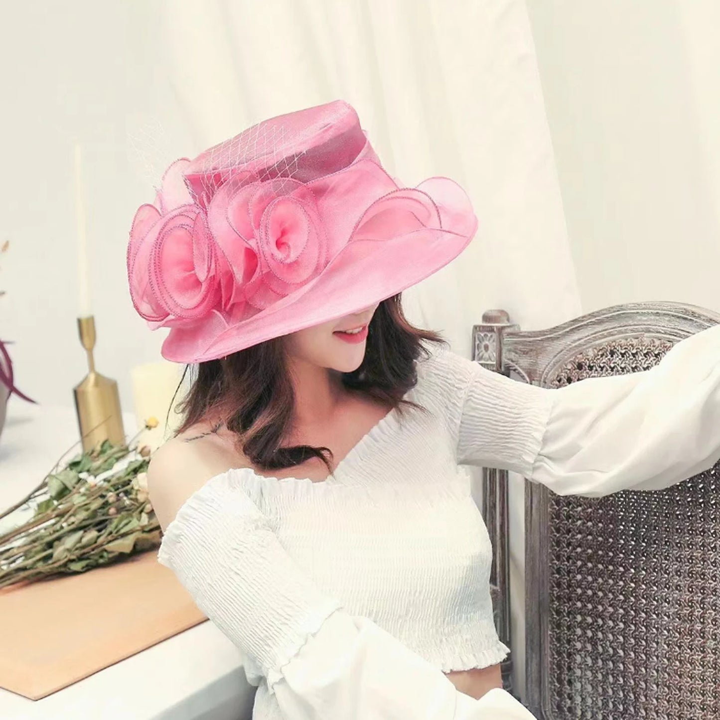 Oversized Organza Floral Bow Detail Wide Brim Kentucky Derby/Church/Wedding Fedora Hat