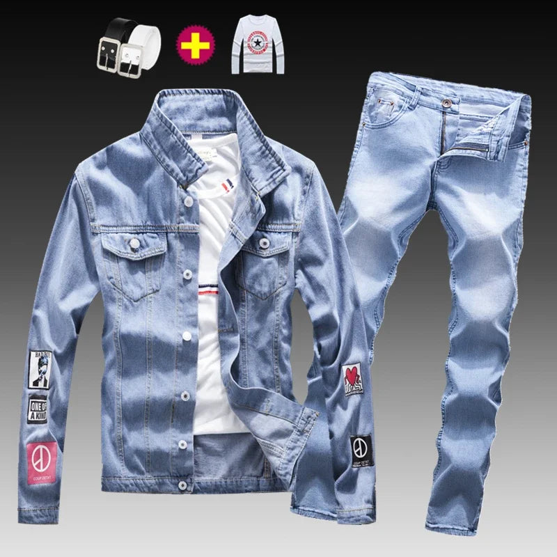 Men's Washed Denim Solid/Peace Sign Patch Design Jean Jacket + Ruched Skinny Jeans 2-Piece Set