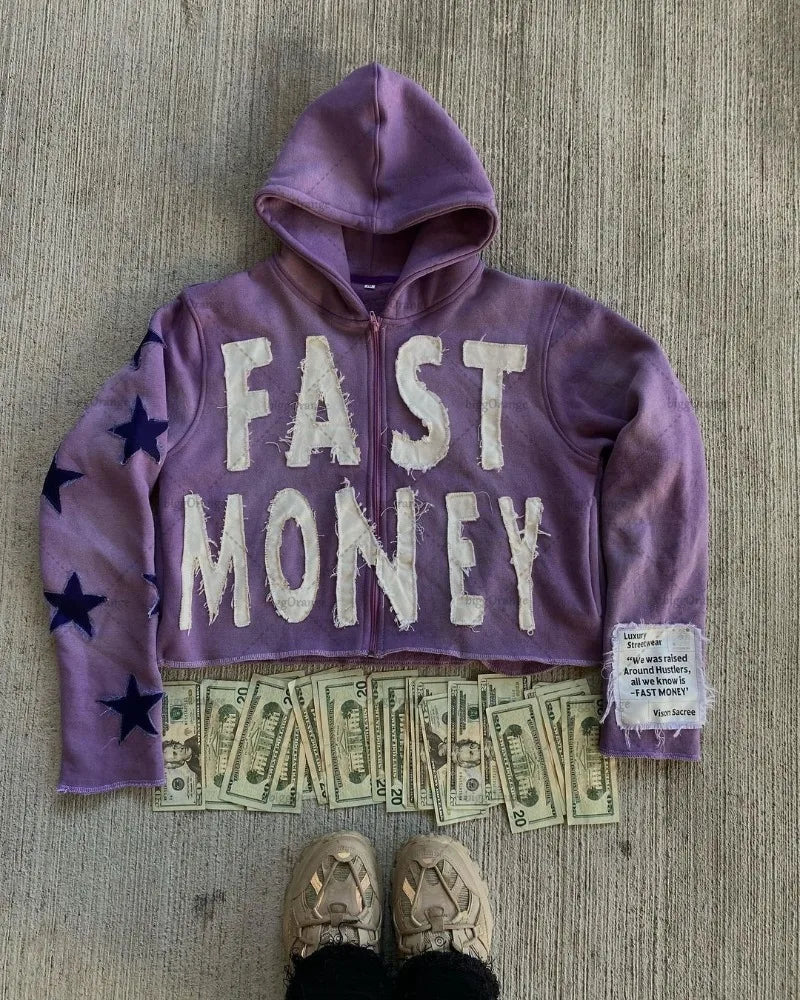 Embroidered #FAST MONEY" Men's Retro Casual Loose Oversized Hip Hop Zipper Hoodie Sweatshirt