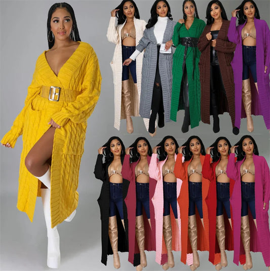 Knitted Solid Color Weave Pattern Women's Ribbed Maxi Cardigan Sweater