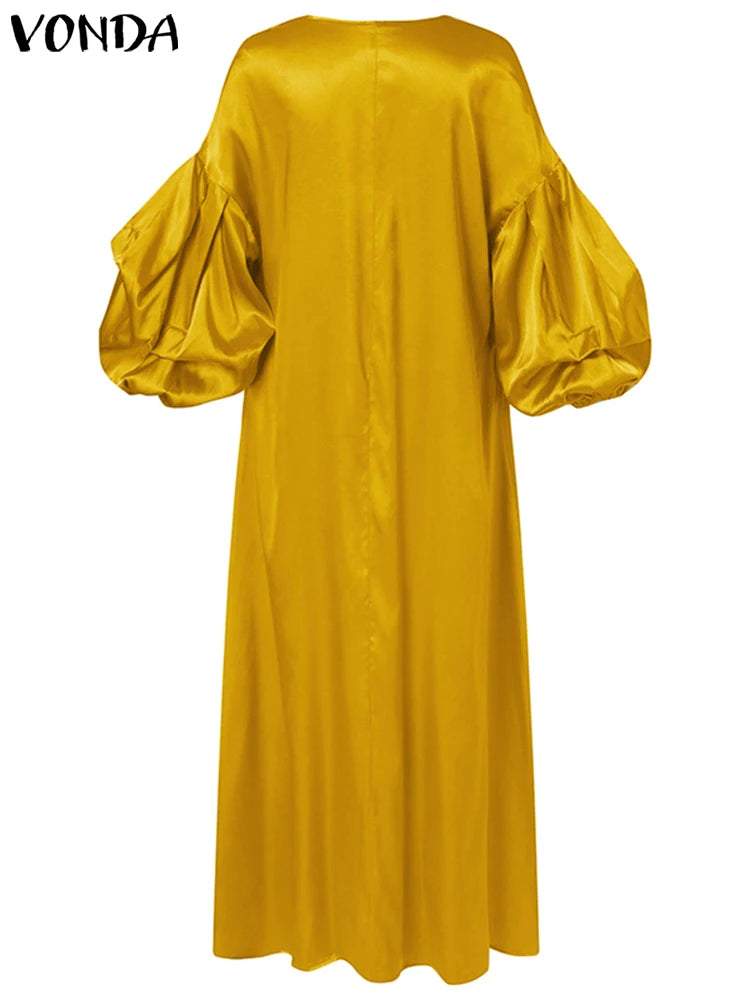 Satin Lantern Sleeve Solid Color Party Loose V-Neck Bohmeian Maxi Dress to 5X