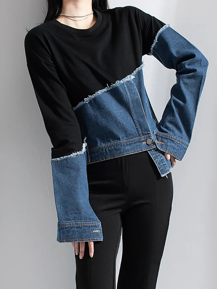 Denim Patchwork Colorblock Round Neck Long Sleeve Ladies Sweatshirt