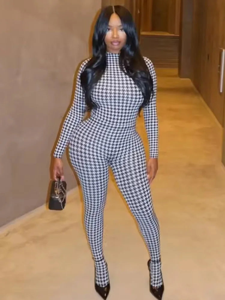 Turtleneck Houndstooth/Snakeskin Print O-Neck Long Sleeve Stretch Skinny Women's Streetwear Jumpsuit