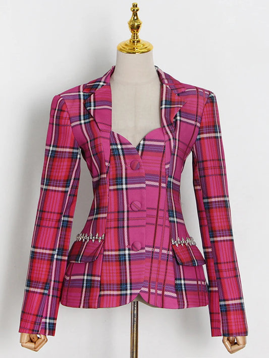 Hot Pink Vintage Plaid Colorblock Notched Collar Long Sleeve Hollow-Out Back Blazer