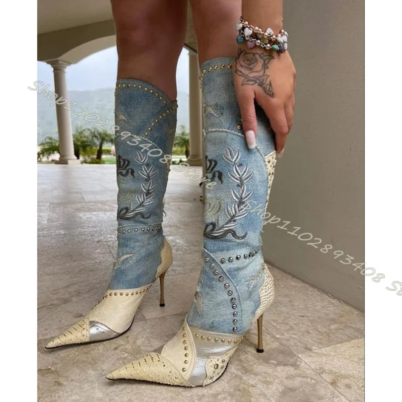 Western Rivet Patchwork Embroidered Spliced Pointed Toe Stiletto Heels Zipper Cowgirl Boots