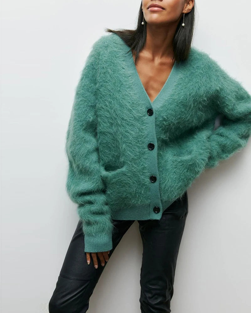 Fuzzy Faux Mink Solid Long Sleeve V-Neck Women's Button-Up Pocketed Cardigan Sweater