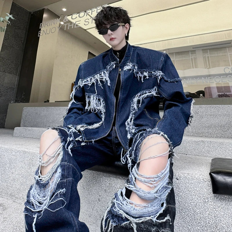 Men's Burgundy/Blue Denim Tassel Fringe Burr Design Jean Jacket + Ripped Hollow-Out Baggy Jeans 2-Piece Sets