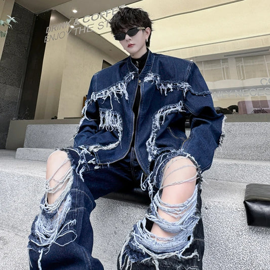 Men's Burgundy/Blue Denim Tassel Fringe Burr Design Jean Jacket + Ripped Hollow-Out Baggy Jeans 2-Piece Sets