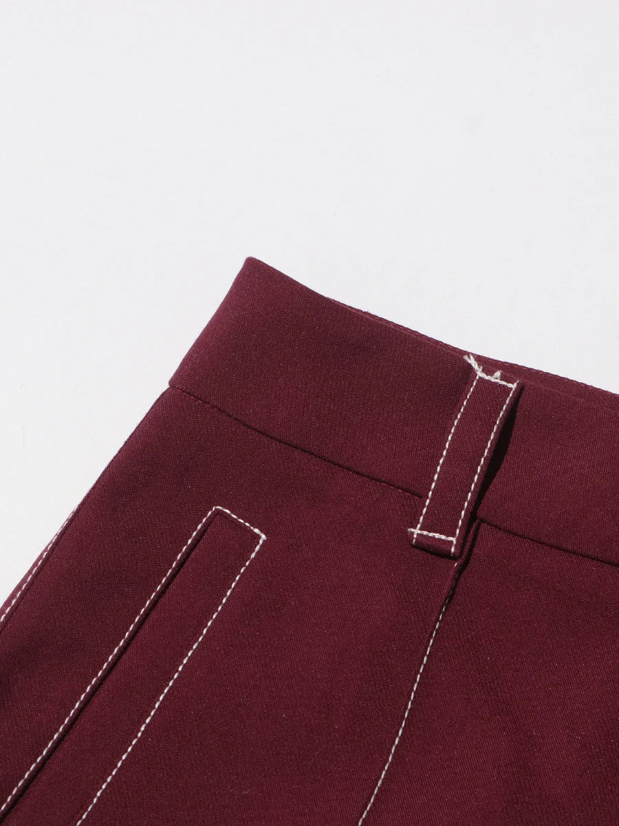Burgundy Irregular Notched Collar Double Strap Design Blazer Jacket + High Waist Straight Pants Women's Formal Suit