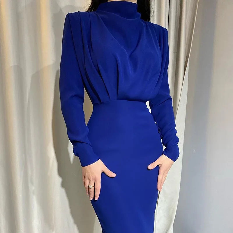 Turtleneck Ruched Solid Color Bodycon Long Sleeve Skinny Maxi Party Dress