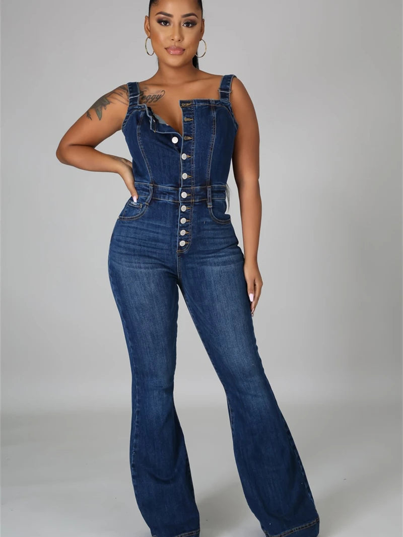 Dark Blue Button-Up Streetwear Spaghetti Strap Flared Pant Bootcut Overall Jean Jumpsuits