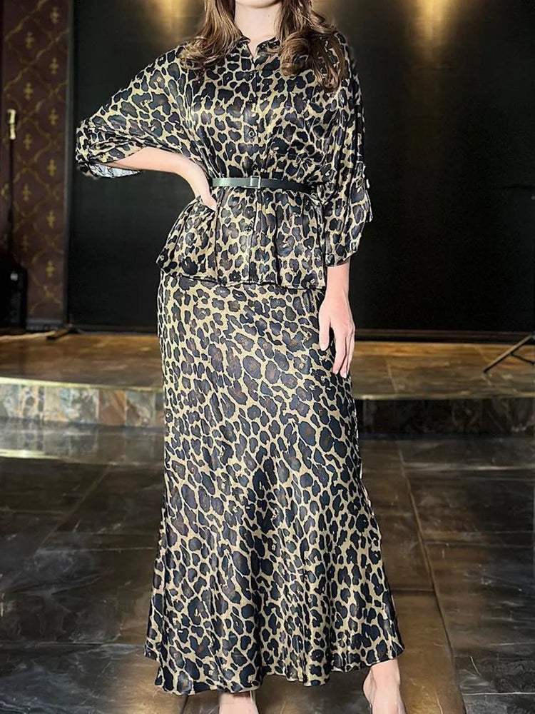 Leopard Turn-Down Collar Long Sleeve Blouse w/ Sash Belt + Flared Ruffled Maxi Skirt 2-Piece Set