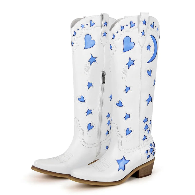 White/Pink Heart Star Moon Embroidered Design Pointed Toe Knee-High Western Side Zipper Cowgirl Rodeo Boots