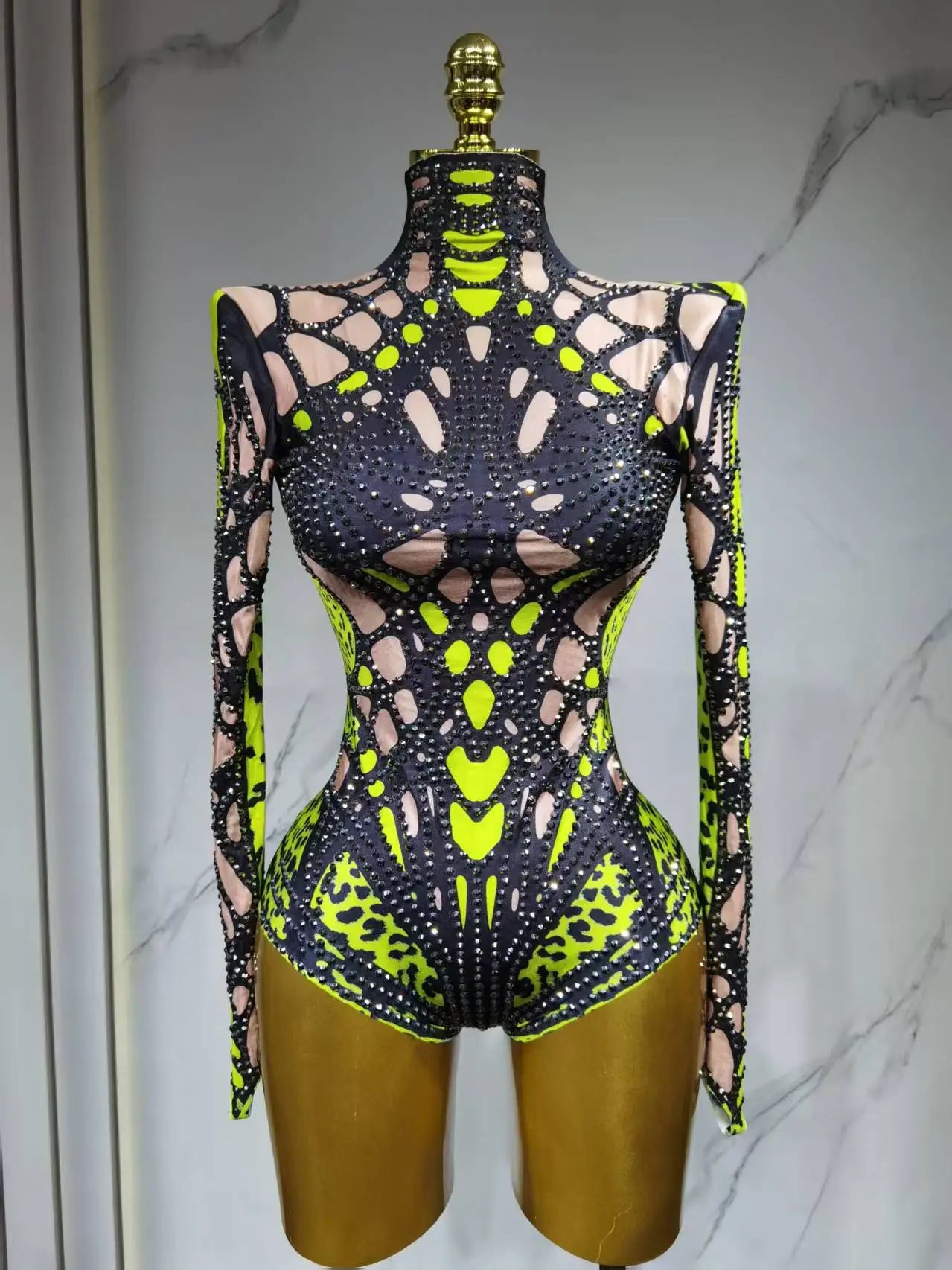Sparkling Rhinestone Hollow-Out Long Sleeve Stage Formal Stage Performance Skin Tight Bodysuit