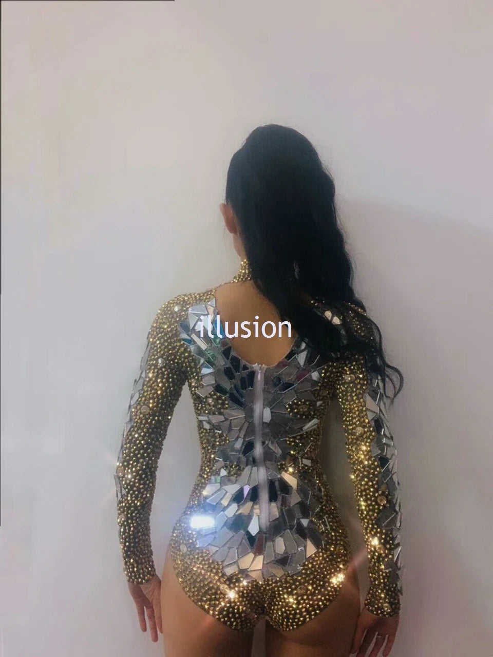 Sparkling Metallic Geometric Rhinestone Mirror Performance Bodysuit Costume