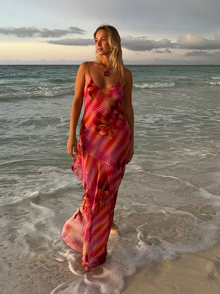 Floral Striped Print Backless Sleeveless Irregular Hem Ruffles Edge Spaghetti Strap Maxi Dress