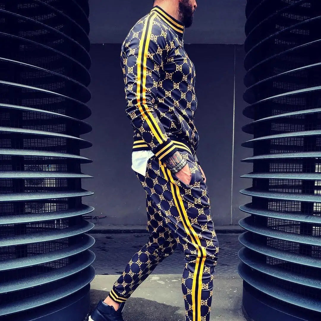 Velvet Monogram Side Striped Print O-Neck Sweat Jacket + Sweatpants Tracksuit