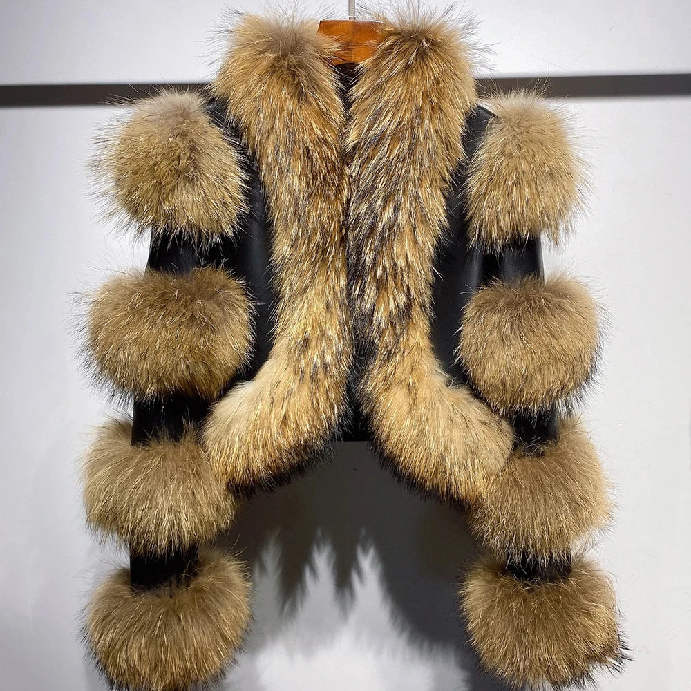 Real Raccoon Fur Hip-Hop Colorblock Design Paneled Women's Streetwear Jacket