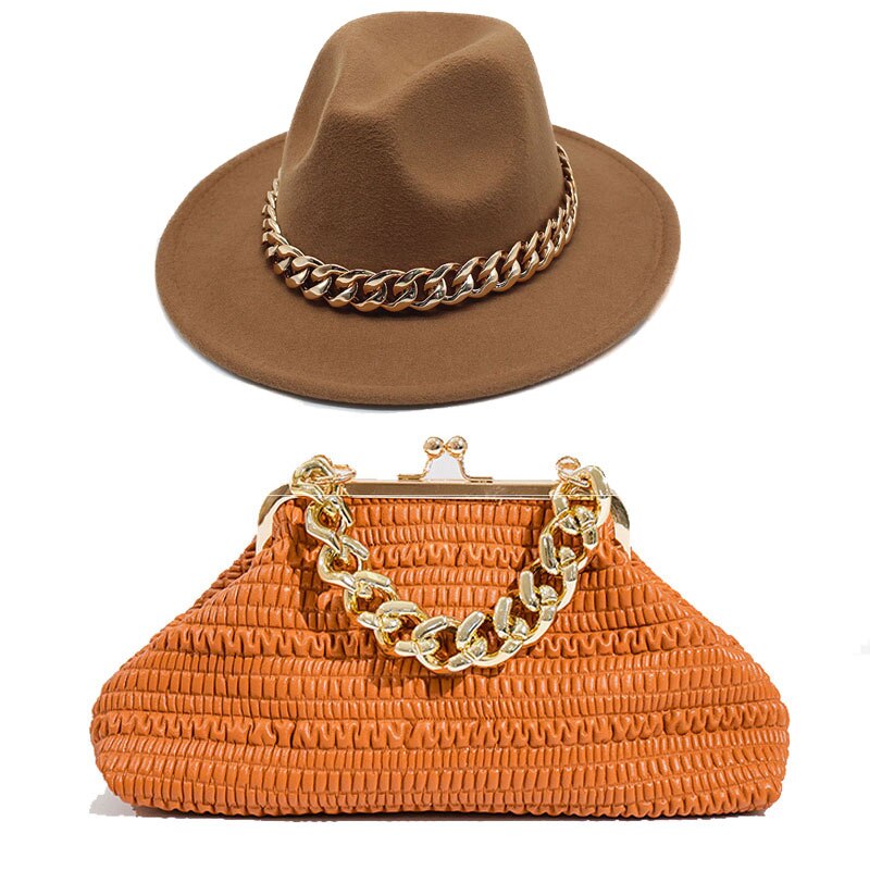 Fedora Chain Link Straw Hat + Chain Link Purse Set