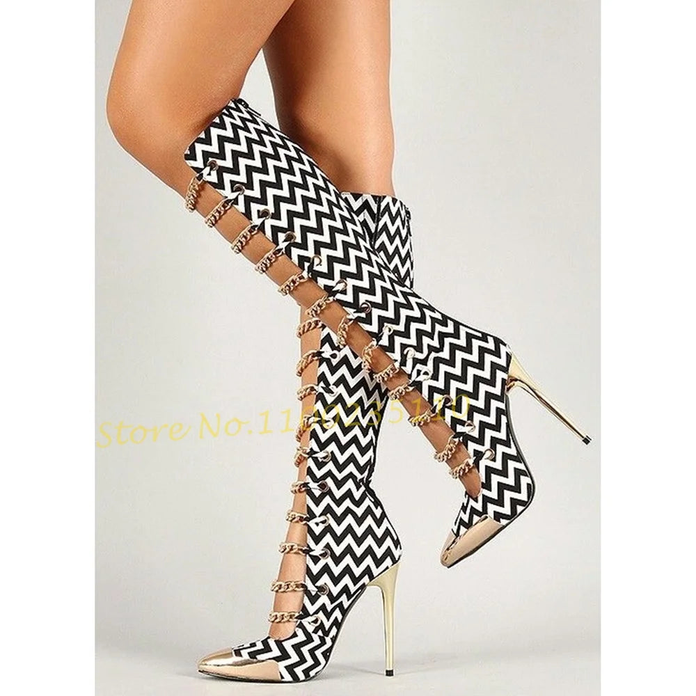 Zebra Striped Chain Women's Gladiator Metal Toe Iron Spliced Stiletto Heel Boots