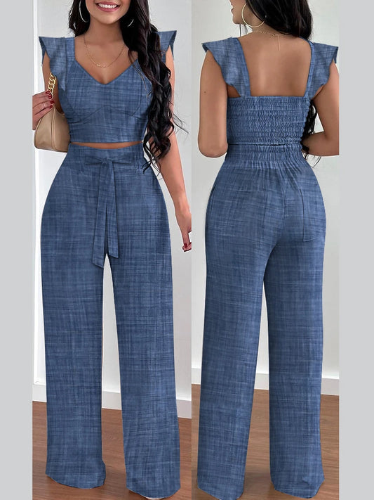 Linen Solid Ruffle Hem Shirred V-Neck Crop Top & High Waist Wide Leg Pants Women's 2-Piece Set