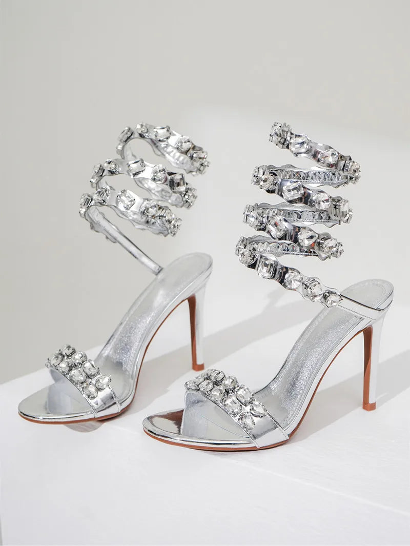 Rhinestone Crystal Embellished Spiral Band Stiletto Heel Gladiator Open Toe Sandal Pumps