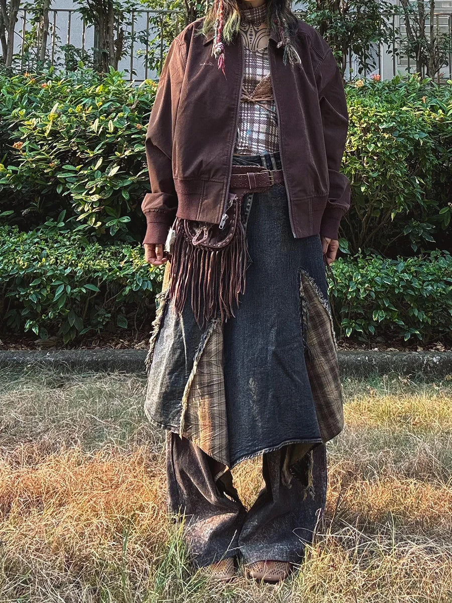 Plaid Retro Denim Blue Ombre Asymmetrical Tartan Stitch Overlay Streetwear Jean Maxi Skirt