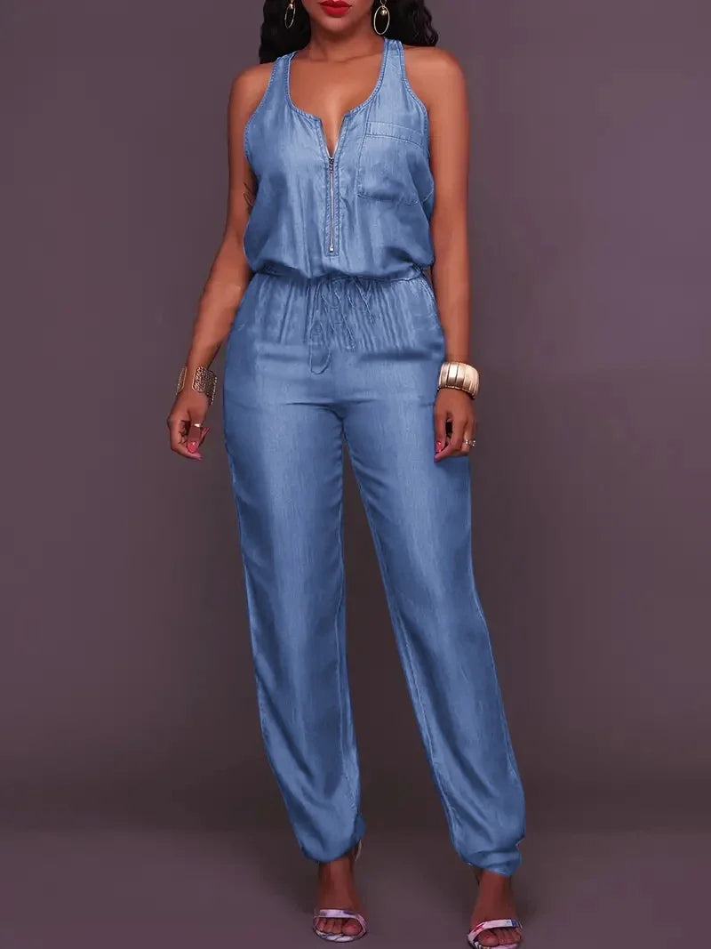 Denim Lightweight Ruched V-Neck Sleeveless Zipper Jean Jumpsuit