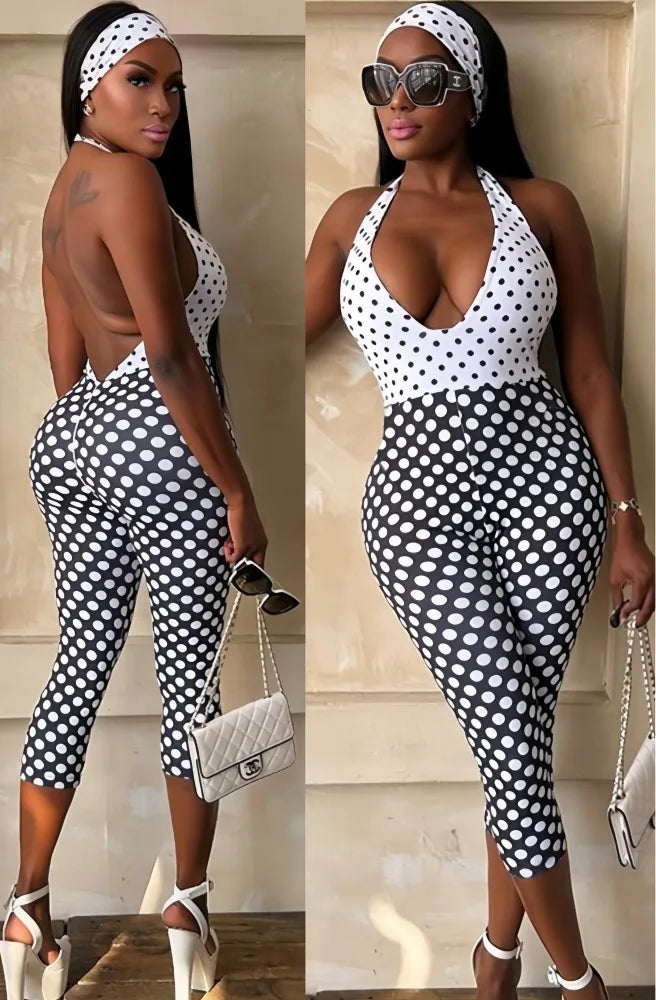 Black/White Polka Dot Print Bodycon Halter Neck Deep V-Neck Backless Women's Streetwear Jumpsuit